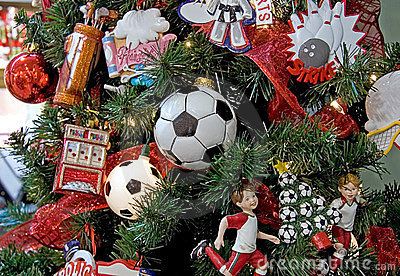 Soccer Themed Christmas Tree by Joyfuldesigns, via Dreamstime Soccer Decor, Themed Christmas Tree, Christmas Open House, Family Christmas Pictures, Football Decorations, Themed Christmas, Soccer Stars, Sports Decorations, Christmas Tree Ideas