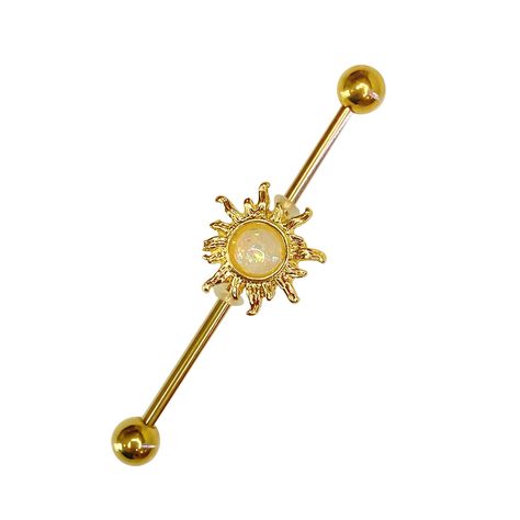 PRICES MAY VARY. 316L Surgical Steel PVD Gold 14G Externally Threaded Sun Opalite Center Charm Industrial Barbell Scaffolding Stud Bar Cartilage Earring Piercing Jewelry 1 1/2 inch 38mm - Sold Individually Specifications: Barbell Thickness: 14 Gauge (1.6mm); Barbell Length: 1 1/2 Inch (38mm); Ball Ends Size: 5mm; Charm Size: 10mm; Charm Design: Sun Opalite Center Material: Made of IMPLANT GRADE 316L Surgical Steel & Opalite; Safe Material, Hypoallergenic, High Polished Surface, Very Smooth to We Industrial Earring, Industrial Bar Piercing, Industrial Piercing Barbells, Industrial Earrings, Industrial Piercing Jewelry, Septum Piercing Jewelry, Earring Piercing, Diamond Nose Ring, Pregnancy Belly Rings