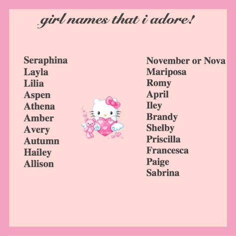 Y2k Girl Names, Names I Adore Aesthetic, Hello Kitty Names, Youtube Usernames, Princess Girl Names, Princess Names Aesthetic, Coquette Names Aesthetic, Aesthetic Names For Girls Unique, Hello Kitty Username Ideas