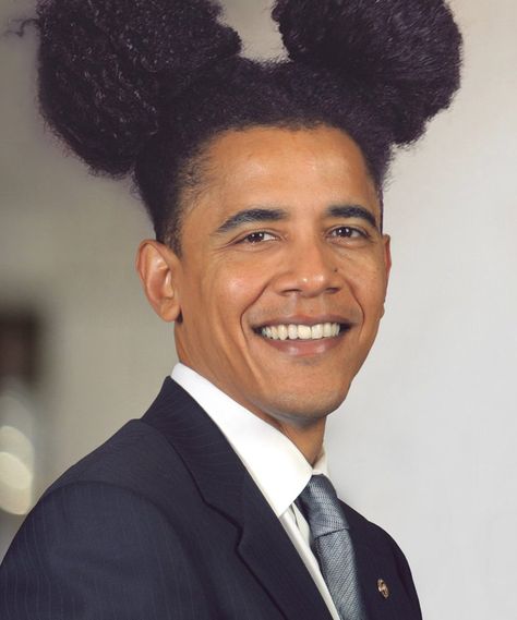 Pin for Later: You Won't Stop Laughing at Bush in Braids and Obama in Afro Puffs President Barack Obama Two Braids To Bun, Black Hair Haircuts, Puff Hairstyles, Obama Funny, Man Buns, Cute Bun Hairstyles, Afro Hairstyles Men, Bun With Curls, Afro Man