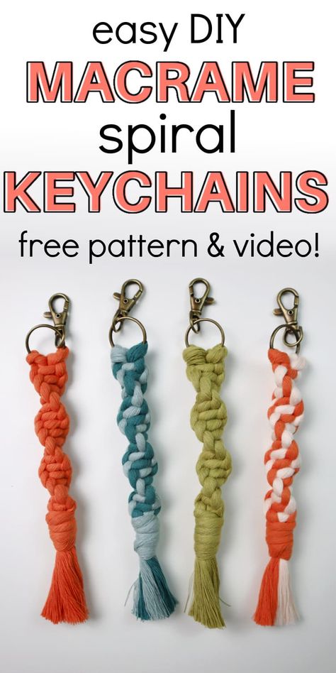 4 spiral macrame keychains laying on a white desk Macrame Keychain Pattern Free, Macrame Keychain Pattern, Macrame Key Chains, Animals Talking, Keychain Diy Easy, Small Macrame Projects, Punching Needle, Macrame Things, Spiral Macrame