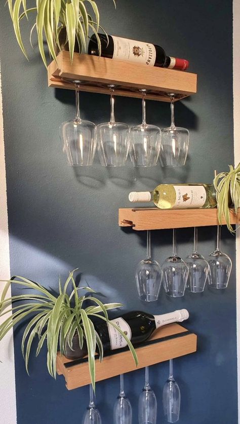 Wine Rack Bar Ideas, Wine Glass Storage Ideas Small Spaces, Wine Shelves Kitchen, Wine Corner Ideas Small Spaces, Wine Area Ideas Small Spaces, Coffee And Wine Bar Ideas Small Spaces, Corner Bar Shelves, Alcohol Display Home, Wine Glass Display Ideas