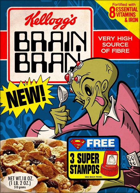 Brain Bran (Brainiac) Cereal Packaging, Cereal Brands, Cereal Killer, Cereal Boxes, Retro Typography, Retro Advertising, Cereal Recipes, Breakfast Cereal, Vintage Recipes