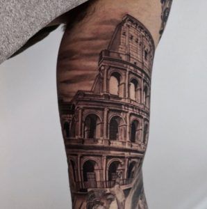 Greek Building Tattoo Design, Greek Mythology Buildings Tattoo, Colosseum Tattoo Sleeve, Greek Colosseum Tattoo, Roman History Tattoo, Roman Colloseum Tattoo, Greek Colloseum Tattoo, Roman Theme Tattoo, Gladiator Colosseum Tattoo