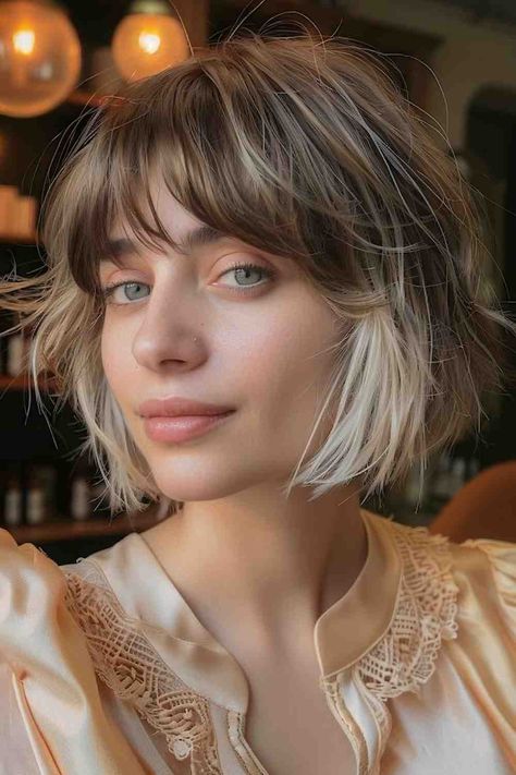 French Bob With Money Piece, Bangs Styles For Short Hair, Bobs With Fringe Fine Hair, Bob Hairstyling How To Style, Short Bob Inspiration, Blonde Balayage On Dark Hair Bob, Cute Short Hair Colors, Feathered Fringe Haircut, Feather Fringe Hair