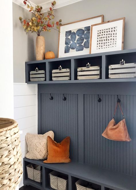 Garage Paint Colors, Board And Batten Wall Ideas, Batten Wall Ideas, Mudroom Paint Color, Mudroom Paint, Dark Gray Paint Colors, Small Mudroom Ideas, Trim Paint Color, Black Paint Color