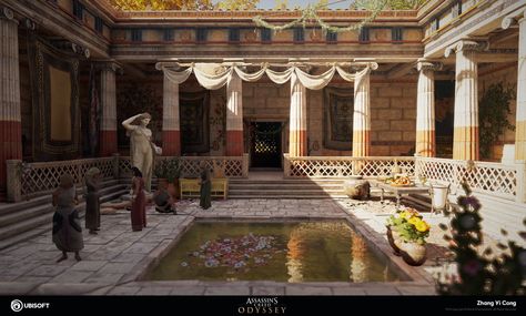 Tuscan Courtyard, Ancient Roman Houses, Bale Dance, Ancient Empires, Roman House, Assassin's Creed Odyssey, Dark Grey Kitchen, Roman Villa, Roman Warriors