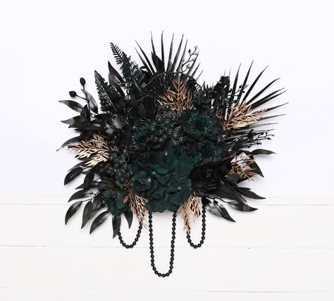 "Black dark emerald green gold wedding bouquet with hanging beads, black deep emerald green gold Halloween bouquet gothic black dark green bouquet  The photo shows a Bridal bouquet ( 14\"* 12\" ) The bouquet consists of fabric flowers. Bridesmaids bouquet: Approximate Length: 12\" Approximate width: 10\" Bridal bouquet: Approximate Length: 14\" Approximate width: 12\" Bridal bouquet XL: Approximate Length: 20\" Approximate width: 18\" . The normal time of air delivery: ♥ -USA- 14-30 day ♥ -Europ Dark Emerald Green Wedding, Dark Green Bouquet, Emerald Green Wedding Bouquet, Halloween Bouquet, Gold Wedding Bouquets, Black Wedding Flowers, Hunter Green Wedding, Green Gold Weddings, Gold Halloween