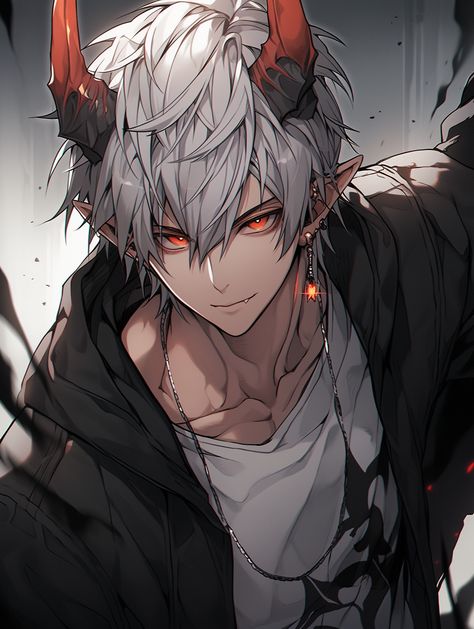 Digital art of a young man with short white hair, red eyes, red demonic horns, is a demon, pointed ears, and is wearing a black sweatshirt with a white T-shirt Dragon Boy Character Design, Dragon Boy Oc, Anime Dragon Boy, Attractive Characters, Anime Handsome, Dynamic Background, Dragon Horse, Black Hair Boy, Eye Illustration