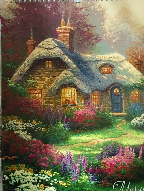 Thomas Kinkade Cottage, Cottage Photos, Magic Pictures, Thomas Kinkade Art, Thomas Kinkade Paintings, Vintage Country Cottage, Flower Stencil Patterns, Thomas Kincaid, Kinkade Paintings