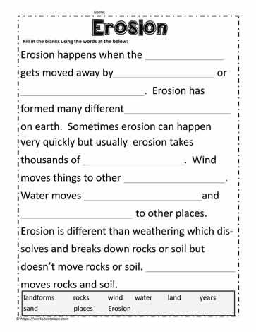 Cloze Activity for Erosion Grade 3 Science Worksheets, Erosion Worksheet, Erosion Activities, Grade 6 Math Worksheets, Worksheets 2nd Grade, Grade 3 Science, Earth Science Lessons, Cloze Activity, Weathering And Erosion