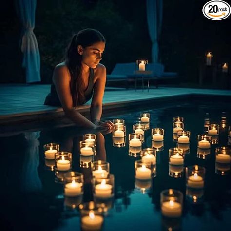 Hot Tub Candles, Hot Tub Floating Lights, Outdoor Candle Lights, Floating Tea Lights Wedding, Pool Decor For Wedding Receptions, Romantic Pool Decor, Pool With Candles, Pool Wedding Decorations Floating Lights, Floating Candles Pool Wedding