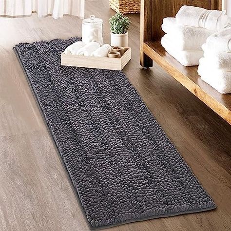 Large Bathroom Rugs, Grey Bath Mat, Grey Bath, Door Way, Bathroom Tub Shower, Grey Baths, Farmhouse Flooring, Toilet Door, Large Bathroom