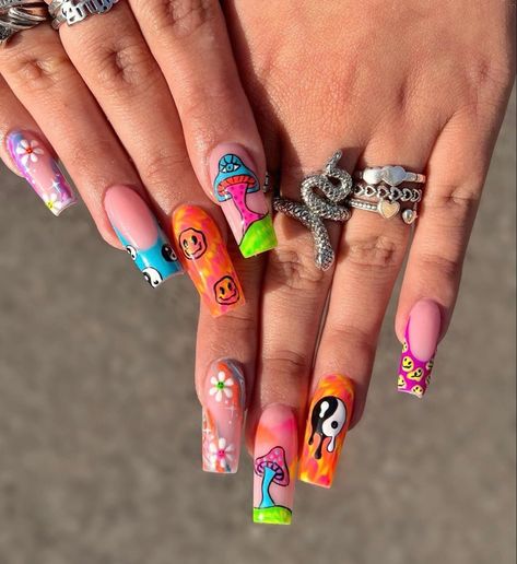 Could Nail Art, Acrylic Nail Designs Festival, Nails Acrylic Festival, Nail Designs Festival, Rave Festival Nails, Crazy Long Acrylic Nails, Rave Manicure, Crazy Cool Nail Designs, Short Nails Crazy Design