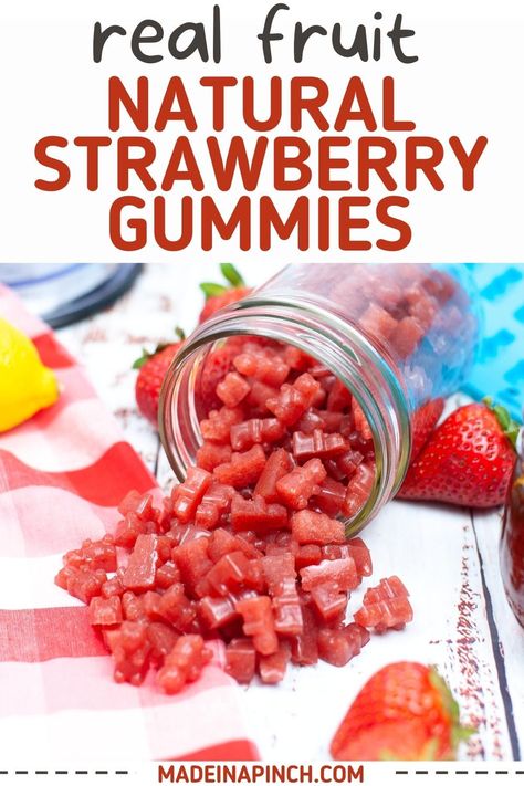 Natural homemade strawberry gummies! Learn how to make healthy strawberry gummy bears from scratch with real fruit juice. These homemade fruit snacks are chewy, delicious and just sweet enough to be addictive treats that kids will love! And parents will love this guilt-free healthy alternative to store-bought fruit snacks! Making Gummy Candy, Lunch Snack Recipes, Healthy Gummy Candy, Diy Healthy Gummies Fruit Snacks, Real Fruit Gummies Recipe, Natural Fruit Gummies, Homemade Fruit Snacks With Frozen Fruit, Chewy Foods For Sensory, Healthy Poptart Alternative