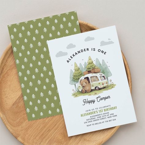 One Happy Camper First Birthday Invitation First Birthday Camping Theme, Camper Birthday Party, One Happy Camper First Birthday, Happy Camper Birthday Party, Cute Brown Bear, One Happy Camper, Activities For Boys, First Birthday Party Themes, Camping Birthday