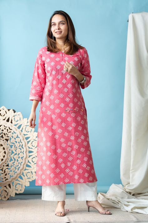 The timeless pink and white batik print of this elegant kurta is given an exquisite touch. The button in the front and side pocket in the kurta gives it a smart yet comfort look And contrasts the rich texture of the 100% premium cotton beautifully. The design is elevated with the addition of a convenient pocket. Complement the elegance of guhya with Luknowi palazzo. Saree Jackets, Kurta Dress, Batik Print, Half Sleeve Shirts, Quotes Pictures, Cotton Kurti, Straight Kurta, Batik Prints, Top Pants Set