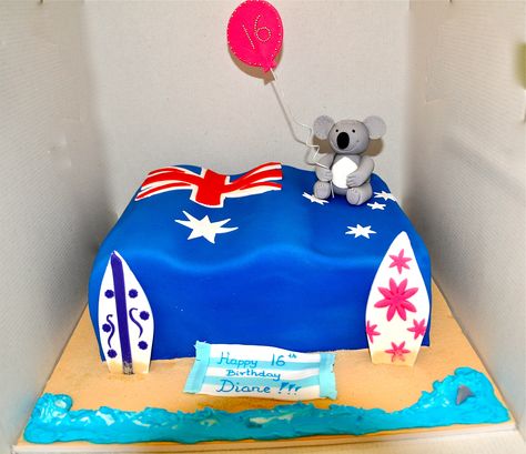 Australian theme Birthday cake. - Australian theme cake for an exchange student: Australian flag with a Koala figurine Surfing Cake, Aussie Party, Koala Cake, Bon Voyage Cake, Australia Cake, Australian Party, Australia Party, Farewell Cake, Theme Birthday Cake