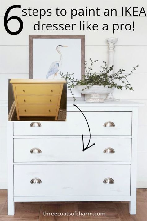 Follow these six steps for painting an Ikea dresser to get great results! Ikea furniture can be painting for a whole new look! See the before and after of this Hemnes dresser as it goes from yellow to white! #threecoatsofcharm #paintedfurniture #paintikeafurniture #ikeafurnitureflip #ikeaupcycle #DIYIkeafurniture Paint Hemnes Furniture, Refinished Ikea Hemnes Dresser, Repurpose Ikea Dresser, Painting Hemnes Furniture, Refinish Ikea Furniture, Paint Ikea Hemnes Dresser, Painting Hemnes Dresser, How To Paint Ikea Hemnes Dresser, Paint Hemnes Dresser