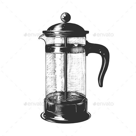 French Press Drawing, French Press Tattoo, French Press Design, Press Ad, Coffee Doodle, Coffee Tattoos, Greek Tattoos, Coffee Illustration, French Press Coffee