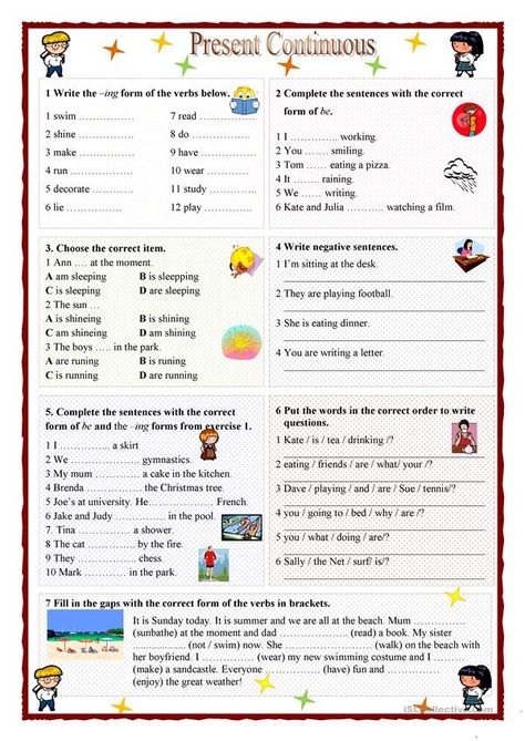 Present Continuous Worksheet, English Pictures, Present Continuous Tense, English Grammar For Kids, Present Continuous, Grammar For Kids, English Teaching Materials, Grammar Exercises, Teaching English Grammar