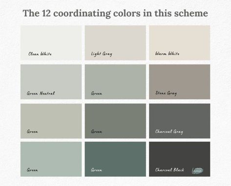 A Sherwin Williams color scheme for your home with greens and neutrals. This paint palette with coordinating hues includes whites, grays and black. Introducing Modern Greens, a meticulously curated color palette designed for those with a penchant for contemporary greens, seeking to infuse them into their living spaces. This thoughtfully crafted collection boasts a total of twelve harmonious colors, expertly selected to ensure cohesiveness and a s Green White Tan Color Palette, Sherwin Williams Green Palette, Greenish White Paint Colors, Greenish Grey Paint Colors, Sherwin Williams Farmhouse Colors, Softened Green Sherwin Williams, Green Paint Colors Sherwin Williams, Neutral Green Paint Colors, Farmhouse Paint Palette