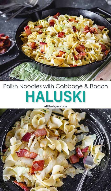 If you're looking for a warming addition to your winter dinners, you will love this classic Polish Haluski recipe because it's a wonderful hearty dish of noodles, cabbage, and bacon. Best of all, you just need a few staple ingredients for this comforting dish the whole family will love! | allthatsjas.com | #haluski #winterdish #NoodlesWithoutBorders #pasta #eggnoodles #cabbage #bacon #comfortfoods #easy #foracrowd #Polish #fromscratch #homemade #homecooking #recipes #hearty #savory #allthatsjas Easy Haluski Recipe, Cabbage Bacon Egg Noodles, Vegan Haluski, Polish Cabbage And Noodles, Haluski Fried Cabbage And Noodles, Haluski Recipe, Cabbage And Noodles, Cabbage And Bacon, Winter Dishes