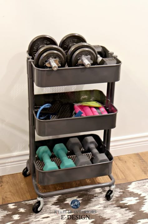 Mini home gym storage ideas for weights, Ikea hack Raskog unit. Kylie M E-design Ikea Fitness Room, Mini Gym In Bedroom, Closet Home Gym, Weights Storage Ideas, Weights Organization, Gym Closet Organization, Workout Cart, Workout Area In Bedroom, Ikea 3 Tier Cart