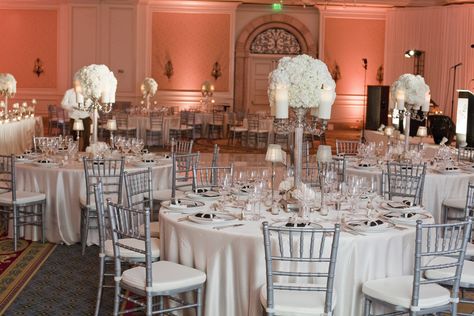 Chiavari Chairs Wedding, Silver Chiavari Chairs, Wedding Reception Chairs, Ritz Carlton Wedding, Chivari Chairs, Purple And Silver Wedding, White Centerpiece, Wedding Furniture, Chiavari Chairs