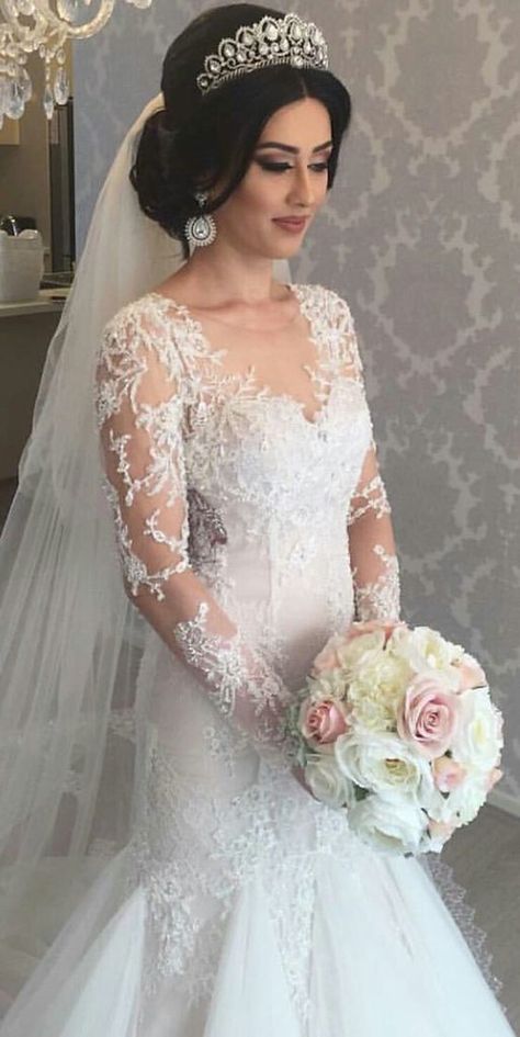 Wedding Dresses Curvy Bride, Persian Makeup, Wedding Dresses Curvy, Plus Size Wedding Dresses Curvy Bride, Mermaid Wedding Dress With Train, Christian Wedding Gowns, Dresses Curvy, Hairstyles For Gowns, Engagement Gown