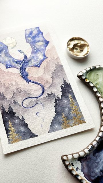 Watercolour Magical Forest, Dnd Watercolor Art, Fantasy Watercolor Art, Dragon Watercolor Painting, Dragon Painting Easy, Viking Watercolor, Watercolor Dragons, Watercolour Dragon, Watercolor Fantasy Art