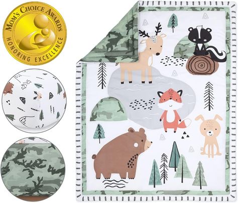 Amazon.com: The Peanutshell Woodland Camo Crib Bedding Set for Baby Boys - 3 Piece Nursery Bed - Comforter, Fitted Sheet, Skirt : Baby River In The Forest, Nursery Bed, Floral Crib Bedding, Friendly Fox, Crib Comforter, Baby Crib Bedding Sets, Woodland Animal Prints, Crib Skirt, Bean Bag Chair Kids