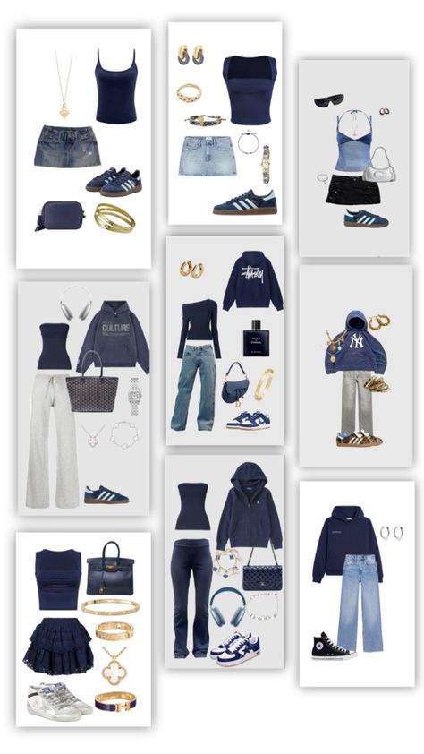 Outfit Ideas With Brand Names, Navy Outfits Aesthetic, Dark Blue Shoes Outfit, Navy Blue Uggs Outfit, Outfit Ideas With Dark Blue Jeans, Dark Blue Puffer Jacket Outfit, Dark Blue Fashion Aesthetic, Harbor Outfits, Navy Blue Shoes Outfit