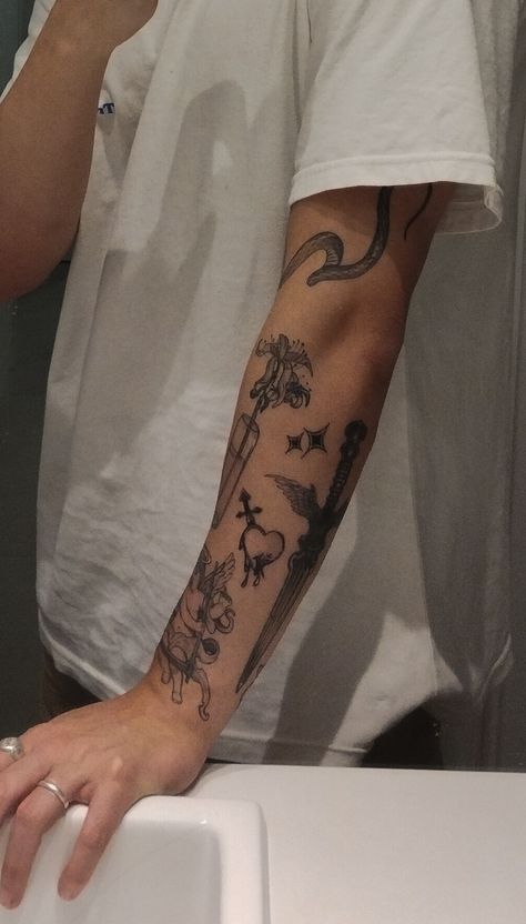 Knife Arm Tattoo, Dagger Tattoo Forearm, Dagger Forearm Tattoo, Forearm Patchwork Tattoo, Side Arm Tattoo Men, Forearm Tattoo Placement, Side Forearm Tattoo Men Ideas, Side Arm Tattoo, Edgy Tattoos