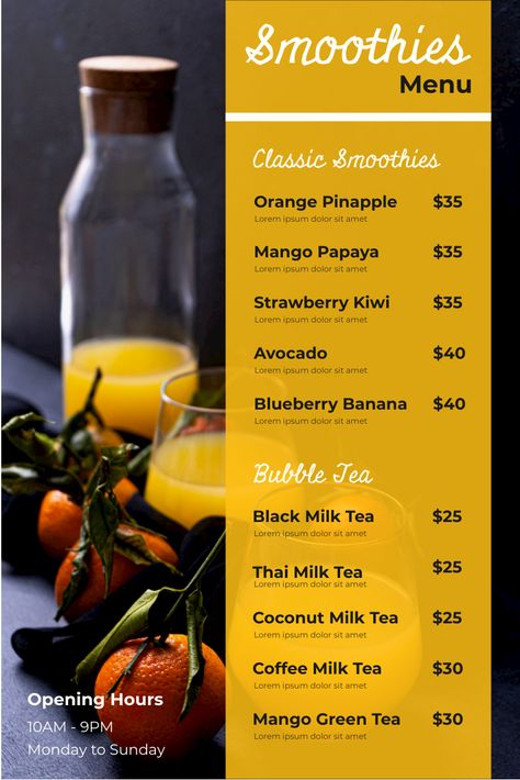 Juice Menu Design Ideas, Smoothie Menu Design, Juice Menu Design, Coconut Milk Tea, Juice Menu, Mango Green Tea, Smoothie Menu, Thai Milk Tea, Strawberry Kiwi