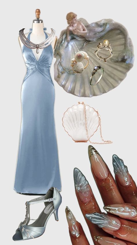 ocean themed mermaid inspired eveningwear Siren Core Outfits, Mermaidcore Dress, Mermaidcore Fashion, Mermaid Clothes, Siren Style, Prom Jewellery, Mermaid Things, Siren Outfit, Color Families