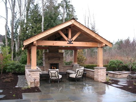 Malone's Landscape Design | Build - traditional - landscape - seattle - by Malone's Landscape Design | Build Pavilion Plans, Outdoor Covered Patio, Pavilion Architecture, Outdoor Pavilion, Pavilion Design, Outdoor Patio Ideas, Backyard Fireplace, Garden Pavilion, Backyard Gazebo