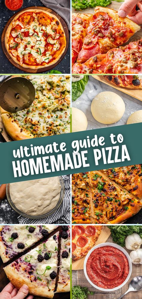 A collage of images of pizza, pizza dough, and pizza sauce. Best Homemade Pizza Toppings, Homage Pizza, Homemade Pizza Toppings, Homemade Pizza Ideas, Different Types Of Pizza, Pizza Base Recipe, Pizza Topping Ideas, Blackstone Pizza, At Home Pizza