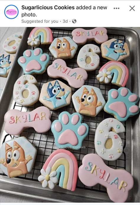 Bluey Sugar Cookies Ideas, Bluey Royal Icing Cookie, Bluey Birthday Cookies For Girl, Bluey Cookies For Girl, Bluey 2nd Birthday Cookies, Bluey Cookies Decorated, Bluey Sugar Cookies Girl, First Birthday Girl Bluey Theme, Bluey Cartoon Decorated Cookies