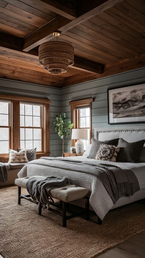 25+ Cozy Bedroom Ideas For Relaxation 11 Lake House Bedroom Ideas Master Suite, Cozy Mountain Bedroom, Bedroom With Wood Accents, Wood Ceiling Bedroom, Log Cabin Bedroom Ideas, Cottage Bedroom Aesthetic, Lake House Bedroom Ideas, Woodsy Bedroom, Cozy Rustic Bedroom