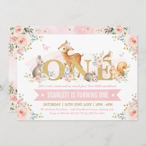 Woodland Animals Pink Gold Floral 1st Birthday Invitation Woodland 1st Birthday, Floral 1st Birthday, Pink Gold Baby Shower, Floral Birthday Invitations, Girl Woodland, 1st Birthday Party Invitations, 30th Birthday Invitations, 1st Birthday Invitation, Birthday Invitations Girl