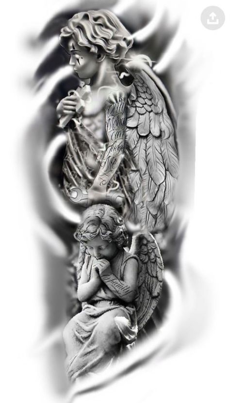 Cherub Tattoo Designs Sleeve, Two Angles Tattoo, Cherub Tattoo Men, Angel Tattoo Men Arm, Sleeve Tattoo Meaningful, Angles Tattoos, Angle Tattoo For Men, Angel Tattoo Arm, Angel Sleeve Tattoo