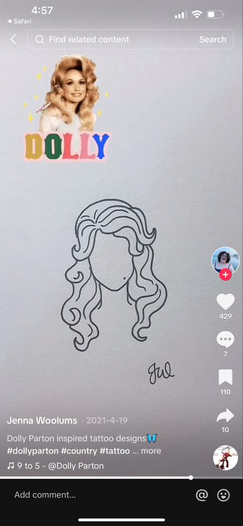 Dolly Tattoo Design, Dolly Parton Tattoo Outline, Dolly Parton Drawing Easy, Dolly Parton Inspired Tattoo, Dolly Parton Tattoo Ideas, Dolly Parton Drawing, Dolly Tattoos, Dolly Tattoo, Dolly Parton Tattoos