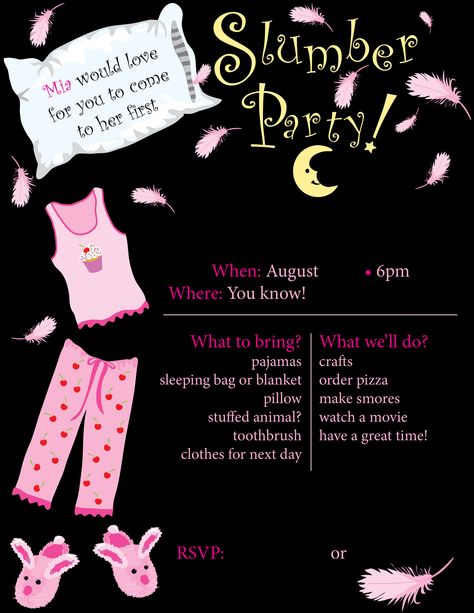 slumber party flyer/invitation for daughters first slumber party. Pizza Pillow, Adult Slumber Party, Birthday Sleepover Ideas, Order Pizza, 20th Birthday, Pajama Party, Sleepover Party, Slumber Parties, Party Flyer