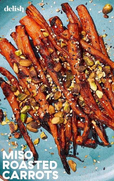 Miso Roasted Carrots Are The Ultimate Sweet-Savory SideDelish Shredded Brussels Sprouts Recipe, Thanksgiving Vegetables Side Dishes, Thanksgiving Vegetable Sides, Roast Carrots, Side Dishes For Fish, Fall Feast, Vegan Green Bean Casserole, Thanksgiving Vegetables, Roasted Carrots Recipe