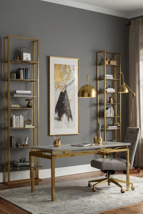 gold brass accents, brass decor, gold accents, brass home office Modern Coastal Living Room, Gold Office Decor, Tufted Furniture, Gold Office, Podcast Studio, Grey Office, Coastal Living Room, Chic Bathrooms, Gold Interior