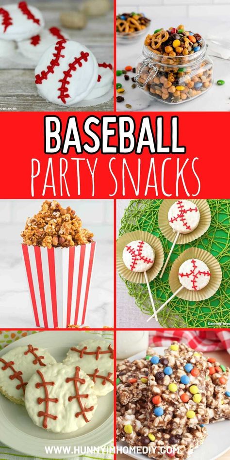 Looking for fun summer party ideas? You have to check out these amazing baseball snacks for kids! From cute ball themed team treats to delicious game inspired party food, all your kids teammates will love these delicious recipes. They're perfect for filling up after the big game or serving at a baseball themed party this summer. Baseball Treats For Birthday, Baseball Theme Potluck, Baseball Picnic Food Ideas, Baseball Party Food Appetizers, Softball Party Food Ideas, Softball Tournament Snacks, Sports Team Snack Ideas, Sports Themed Snacks For Kids, Baseball Tailgate Food Ideas