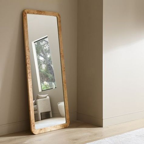 floor m irror | West Elm Wood Floor Mirror, Arch Floor Mirror, Glamorous Living Room, Rattan Counter Stools, Floor Length Mirror, Floor Mirrors, Wood Wall Mirror, Cool Mirrors, Burl Wood