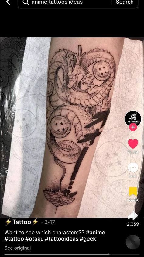 Shen Long Tattoo, Pop Culture Tattoos, Dbz Tattoo, Culture Tattoos, Gamer Tattoos, Z Tattoo, Dragon Sleeve Tattoos, Dragon Ball Tattoo, Geek Tattoo