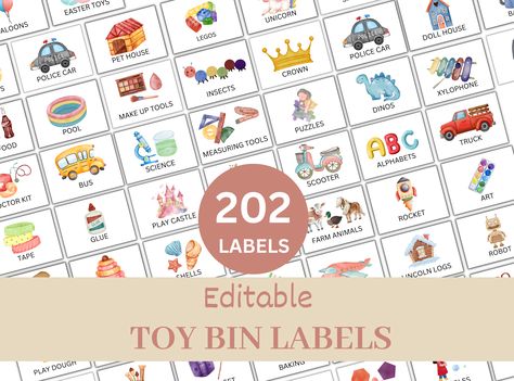 These editable and ready to print files both letter size (8.5x11inches) and A4 Size (210x297 mm) are actually the toy bin labels for organizing kids playroom and classrooms. These labels are exceptional choice for your kids to teach and practice how they can manage the toy storage area, playrooms. This activity will uplift kids confidence and independence. You can paste or attach these labels easily with toy trofast bin, storage bins, toy storage boxes, baskets, toy storage drawrers etc. Playroom Labels, Labels For Organizing, Toy Bin Labels, Labels For Kids, Kids Toy Boxes, Printable Toys, Toy Bin, Family Binder, Bin Labels